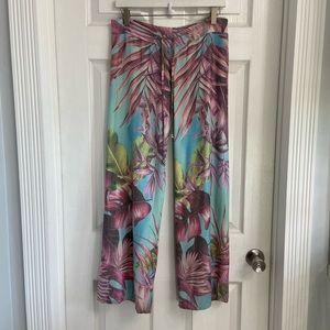 Pilyq Beach Cover Up Pants Size XS/S Drawstring Waist Floral Tropical Blue